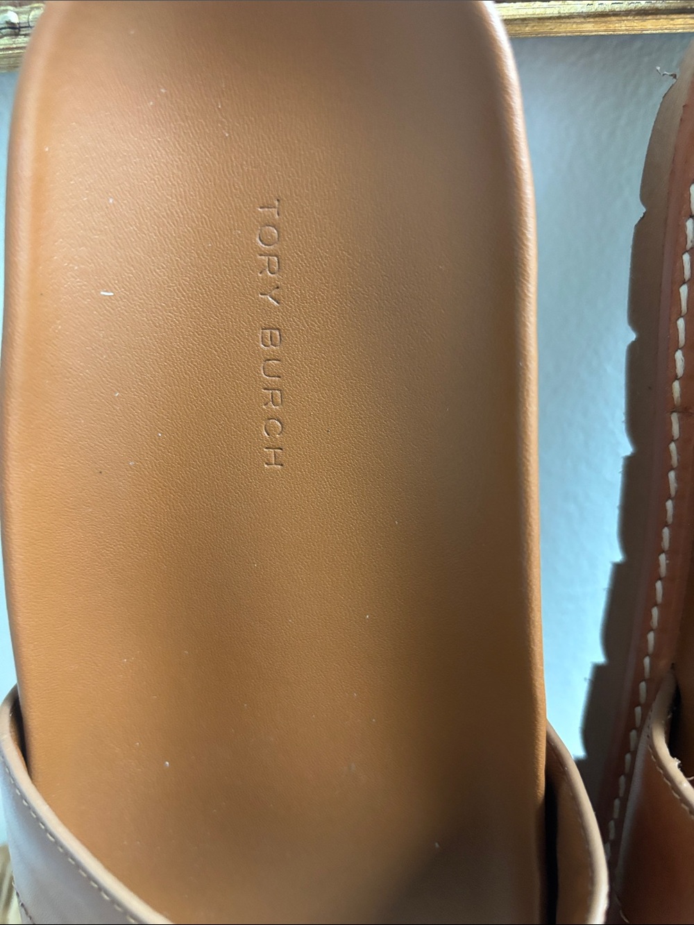Tory Burch Chestnut Leather Slide Sandals with Gold Logo - Picture 2 of 5